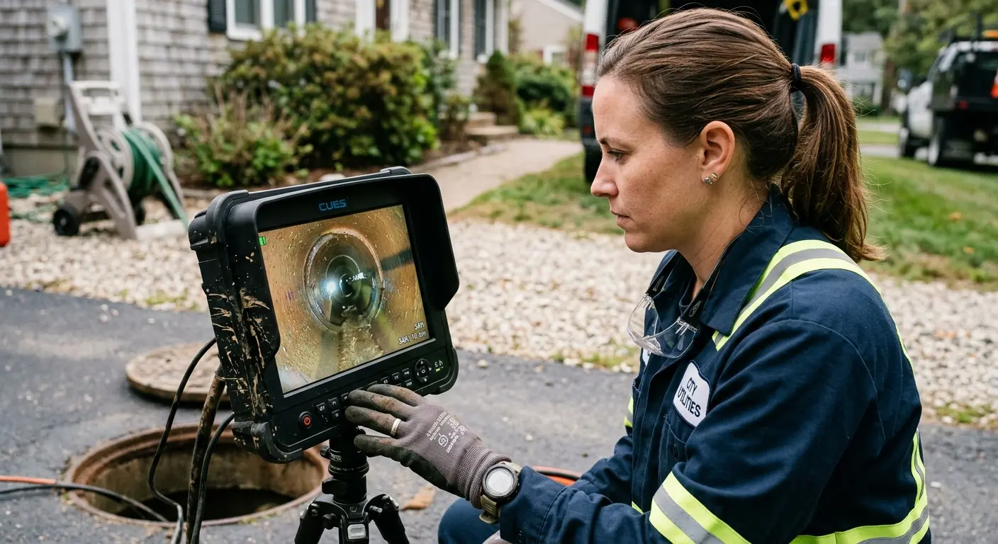 Technician reviewing sewer camera inspection footage in Maywood
