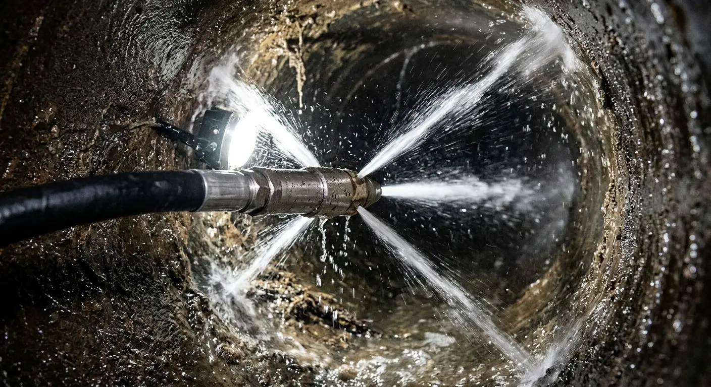 High-pressure hydro jetting nozzle cleaning sewer pipe for Emergency Drain Service in Maywood