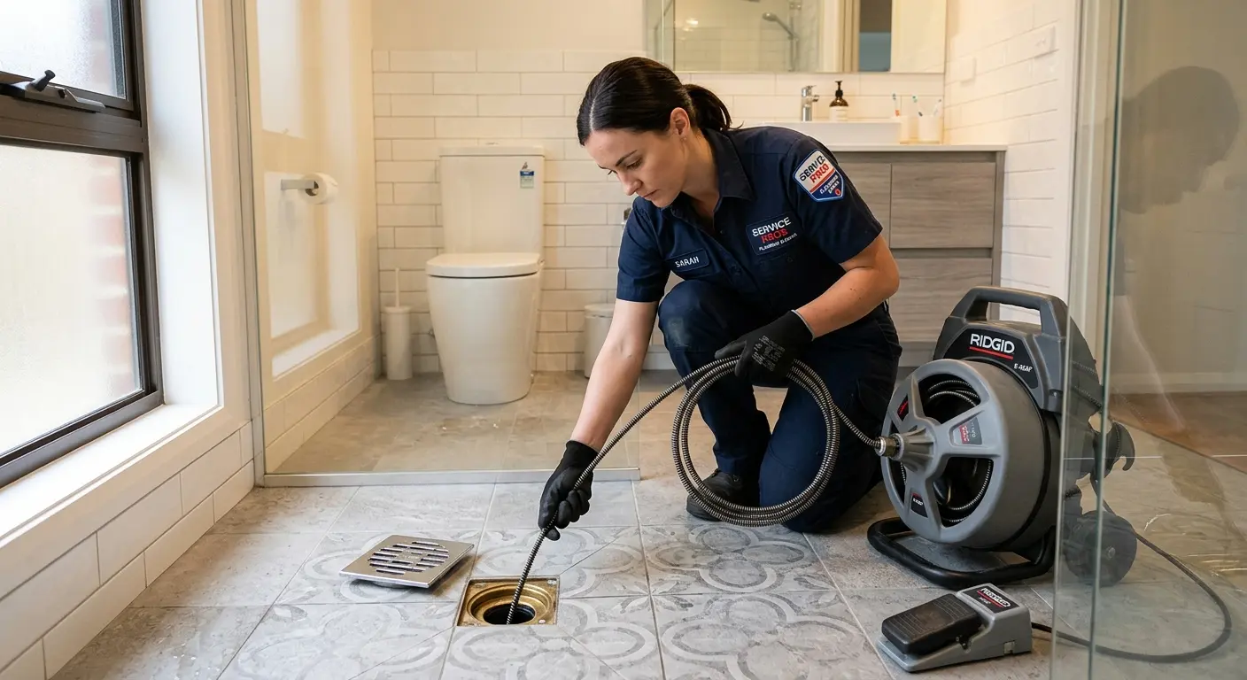 Technician clearing a bathroom floor drain for Drain Cleaning in Maywood
